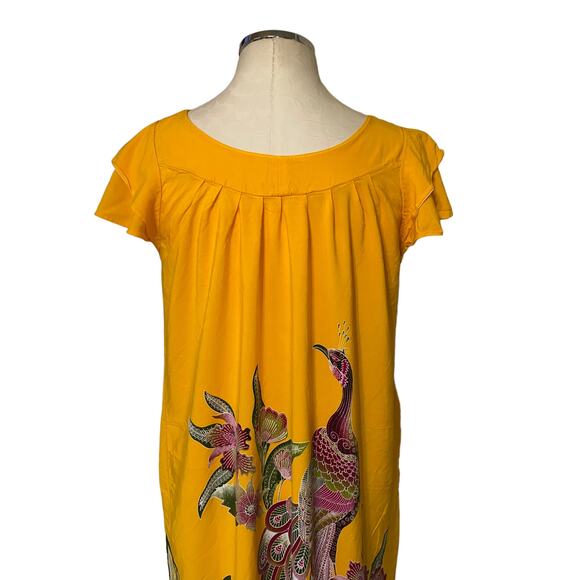 Boho Indie Floral Peacock Print Bright Colored Dress with capped Ruffle Sleeves - Picture 2 of 8